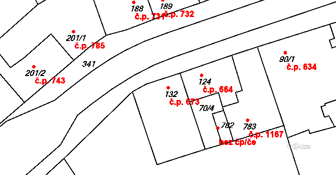 Rudná 673 na parcele st. 132 v KÚ Hořelice, Katastrální mapa