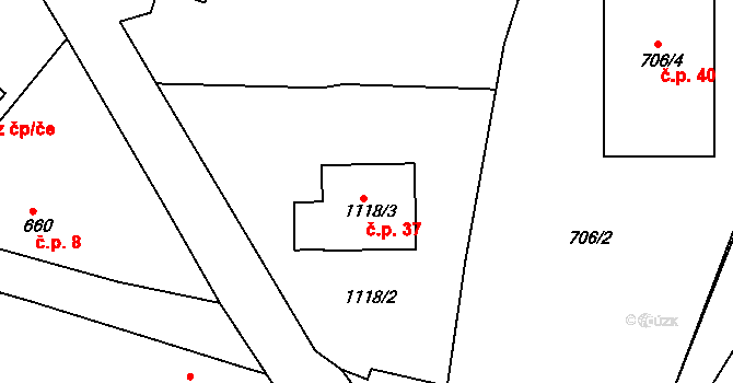 Březí 37, Meclov na parcele st. 1118/3 v KÚ Březí u Meclova, Katastrální mapa