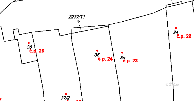 Otěšice 24 na parcele st. 36 v KÚ Otěšice, Katastrální mapa