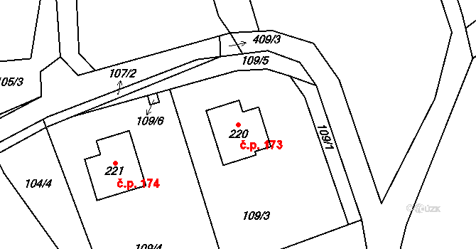 Horní Stakory 173, Kosmonosy na parcele st. 220 v KÚ Horní Stakory, Katastrální mapa