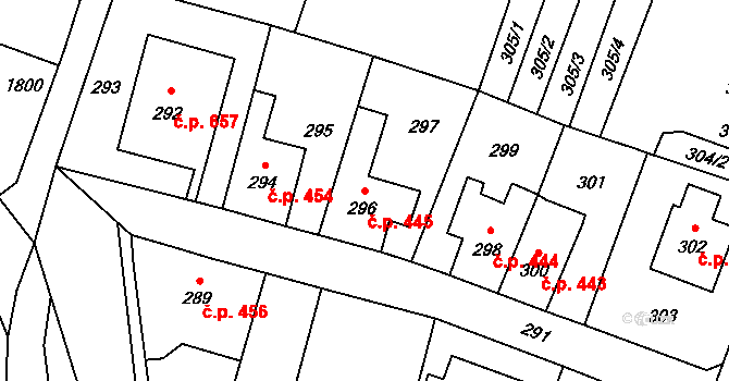 Fulnek 445 na parcele st. 296 v KÚ Fulnek, Katastrální mapa