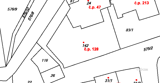 Krušovice 128 na parcele st. 142 v KÚ Krušovice, Katastrální mapa
