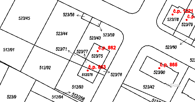 Srubec 862 na parcele st. 523/75 v KÚ Srubec, Katastrální mapa