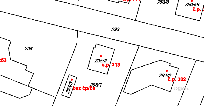 Zruč 313, Zruč-Senec na parcele st. 295/2 v KÚ Zruč, Katastrální mapa