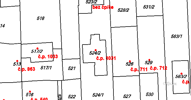 Pohořelice 1031 na parcele st. 524/2 v KÚ Pohořelice nad Jihlavou, Katastrální mapa