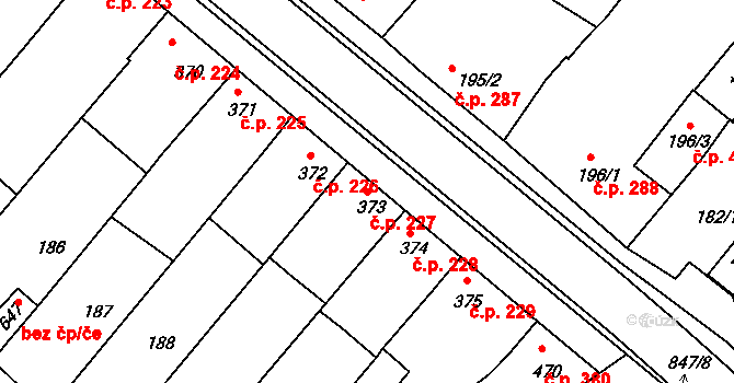 Olšany u Prostějova 227 na parcele st. 373 v KÚ Olšany u Prostějova, Katastrální mapa