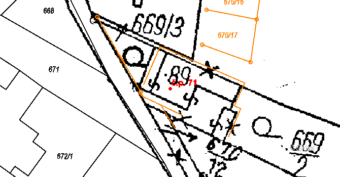 Podmolí 71 na parcele st. 89 v KÚ Podmolí, Katastrální mapa