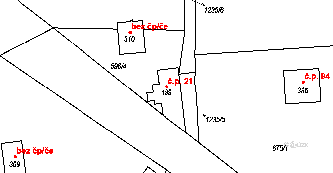 Dalešice 21 na parcele st. 199 v KÚ Dalešice u Jablonce nad Nisou, Katastrální mapa