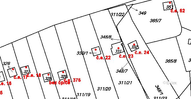Pístov 22, Jihlava na parcele st. 330/1 v KÚ Pístov u Jihlavy, Katastrální mapa