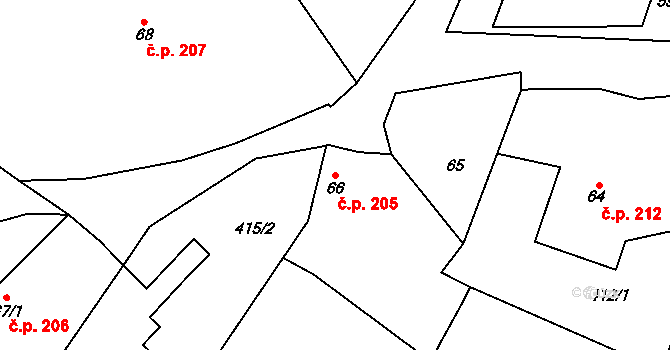 Bašť 205 na parcele st. 66 v KÚ Bašť, Katastrální mapa
