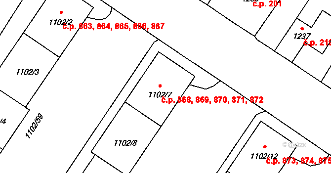 Nový Bor 868,869,870,871,872 na parcele st. 1102/7 v KÚ Nový Bor, Katastrální mapa