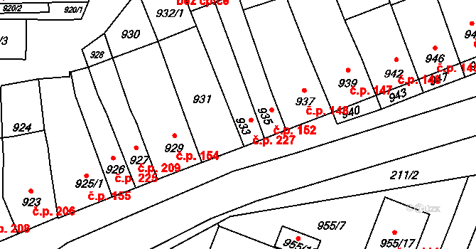 Těšany 227 na parcele st. 933 v KÚ Těšany, Katastrální mapa