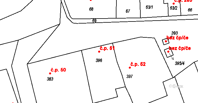 Netvořice 51 na parcele st. 396 v KÚ Netvořice, Katastrální mapa
