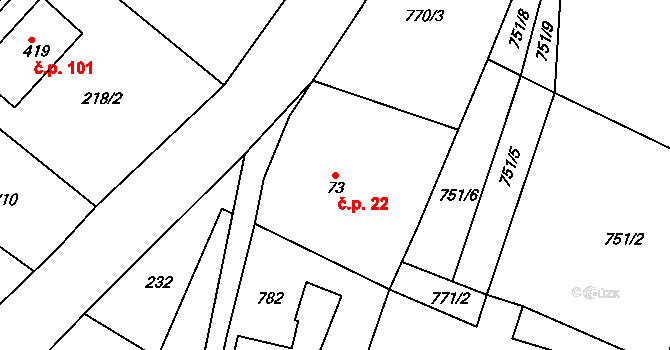 Bukovina 22, Mírová pod Kozákovem na parcele st. 73 v KÚ Bělá u Turnova, Katastrální mapa