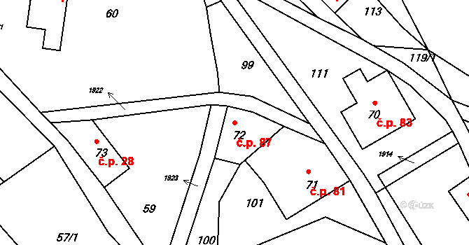 Roztoky u Semil 87 na parcele st. 72 v KÚ Roztoky u Semil, Katastrální mapa