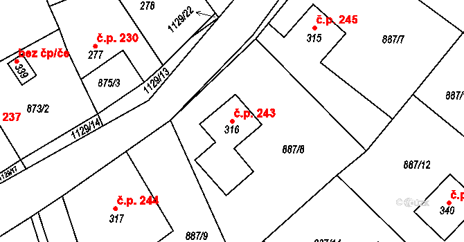 Cerhovice 243 na parcele st. 316 v KÚ Cerhovice, Katastrální mapa