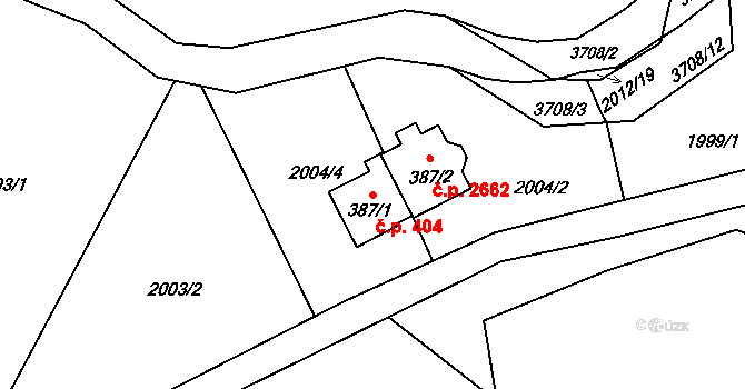 Rožnov pod Radhoštěm 404 na parcele st. 387/1 v KÚ Rožnov pod Radhoštěm, Katastrální mapa