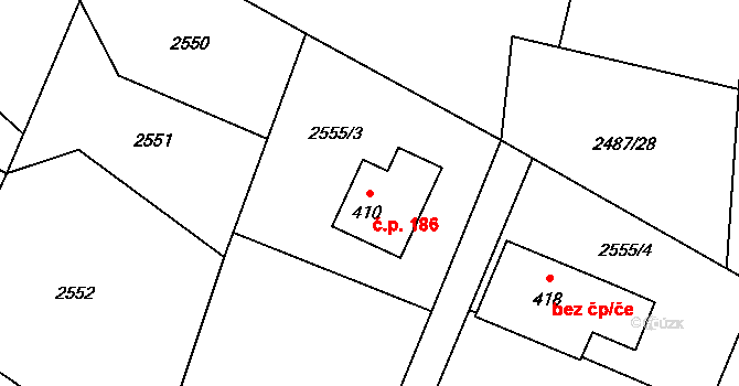Bukovany 186 na parcele st. 410 v KÚ Bukovany u Týnce nad Sázavou, Katastrální mapa