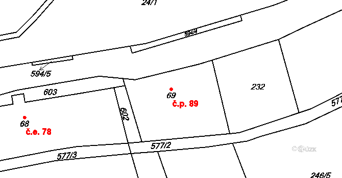 Loučná 89, Loučná pod Klínovcem na parcele st. 69 v KÚ Loučná pod Klínovcem, Katastrální mapa