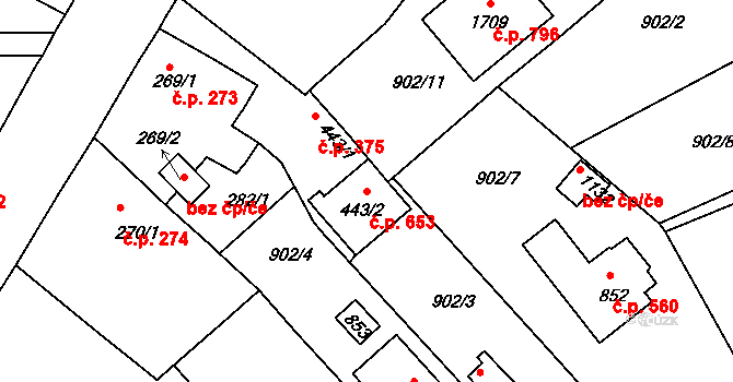 Rožmitál pod Třemšínem 653 na parcele st. 443/2 v KÚ Rožmitál pod Třemšínem, Katastrální mapa