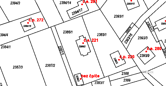 Strkov 221, Planá nad Lužnicí na parcele st. 2386/2 v KÚ Planá nad Lužnicí, Katastrální mapa