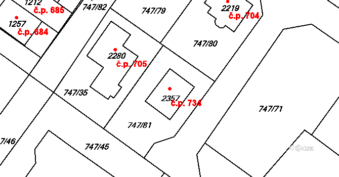 Přibyslav 734 na parcele st. 2357 v KÚ Přibyslav, Katastrální mapa