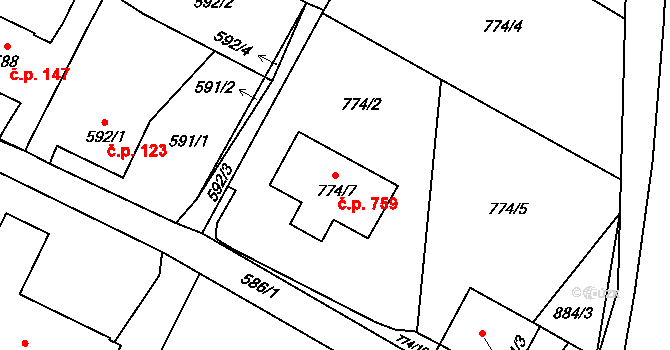 Výškovice 759, Ostrava na parcele st. 774/7 v KÚ Výškovice u Ostravy, Katastrální mapa