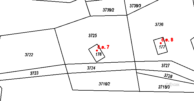 Uhřínov 7 na parcele st. 176 v KÚ Uhřínov u Velkého Meziříčí, Katastrální mapa