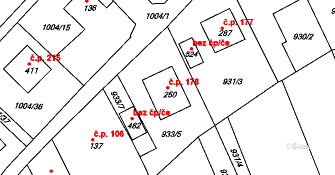 Hrádek na Vlárské dráze 178, Slavičín na parcele st. 250 v KÚ Hrádek na Vlárské dráze, Katastrální mapa
