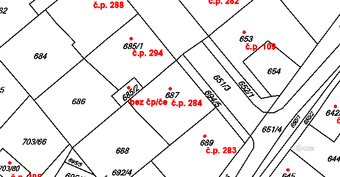 Huštěnovice 284 na parcele st. 687 v KÚ Huštěnovice, Katastrální mapa