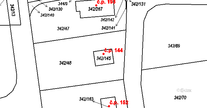 Trubín 144 na parcele st. 342/145 v KÚ Trubín, Katastrální mapa