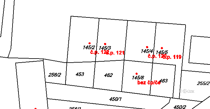 Únětice 121 na parcele st. 145/3 v KÚ Únětice u Prahy, Katastrální mapa