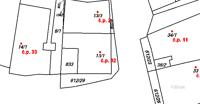Rosice 32, Pardubice na parcele st. 13/1 v KÚ Rosice nad Labem, Katastrální mapa