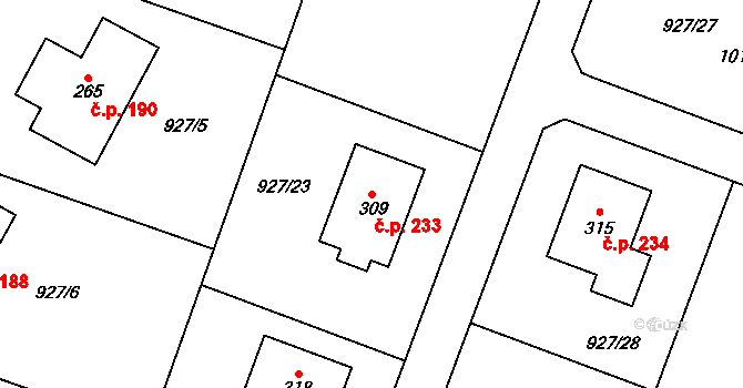 Rynárec 233 na parcele st. 309 v KÚ Rynárec, Katastrální mapa