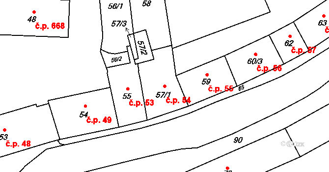 Fulnek 54 na parcele st. 57/1 v KÚ Fulnek, Katastrální mapa