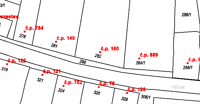 Klobouky u Brna 150 na parcele st. 282 v KÚ Klobouky u Brna, Katastrální mapa