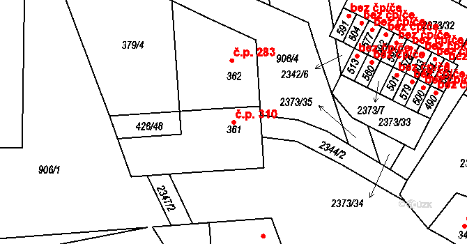 Křepice 310 na parcele st. 361 v KÚ Křepice u Hustopečí, Katastrální mapa