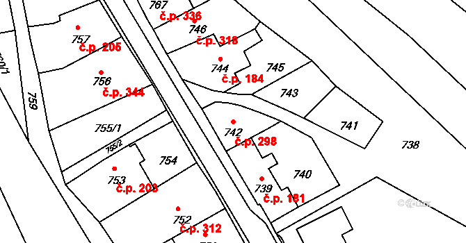 Konice 298 na parcele st. 742 v KÚ Konice, Katastrální mapa