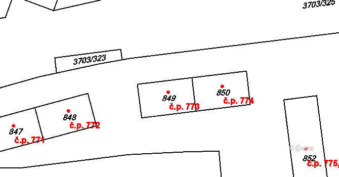 Dobřany 773 na parcele st. 849 v KÚ Dobřany, Katastrální mapa