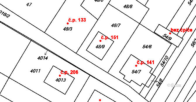 Těšetice 151 na parcele st. 48/9 v KÚ Těšetice u Znojma, Katastrální mapa