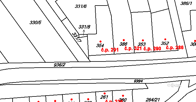 Rokytnice 291 na parcele st. 354 v KÚ Rokytnice u Přerova, Katastrální mapa