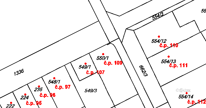 Přerov VIII-Henčlov 109, Přerov na parcele st. 550/1 v KÚ Henčlov, Katastrální mapa