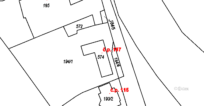 Pávov 167, Jihlava na parcele st. 574 v KÚ Pávov, Katastrální mapa