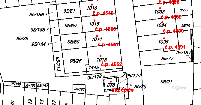 Jihlava 4552 na parcele st. 1013 v KÚ Bedřichov u Jihlavy, Katastrální mapa