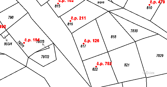 Šardice 126 na parcele st. 817 v KÚ Šardice, Katastrální mapa