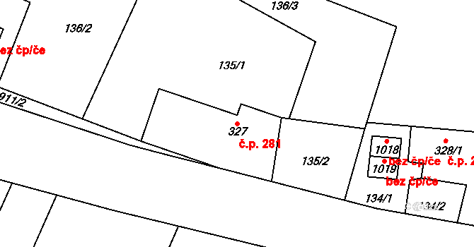 Kozlovice 281 na parcele st. 327 v KÚ Kozlovice, Katastrální mapa