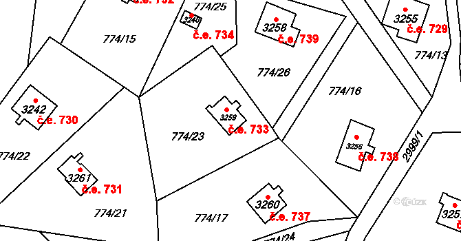 Ostravice 733 na parcele st. 3259 v KÚ Staré Hamry 2, Katastrální mapa