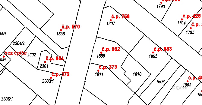 Mnichovo Hradiště 562 na parcele st. 1809 v KÚ Mnichovo Hradiště, Katastrální mapa