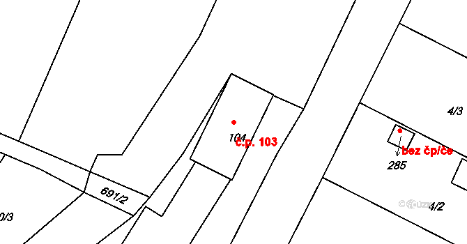 Sudoměřice u Bechyně 103 na parcele st. 104 v KÚ Sudoměřice u Bechyně, Katastrální mapa
