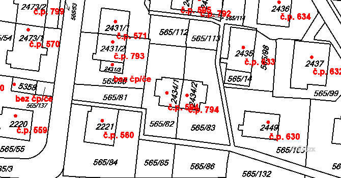 Borovina 594, Třebíč na parcele st. 2434/1 v KÚ Třebíč, Katastrální mapa